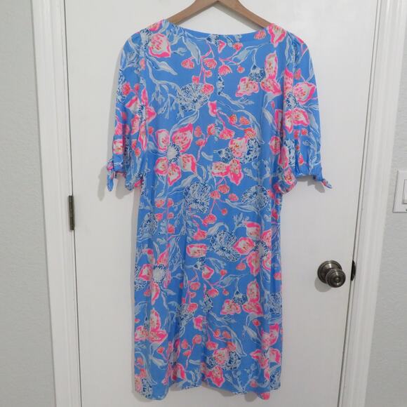 Lilly Pulitzer Large Blue Pink Easley T Shirt Dress Vibrant Print Tie Sleeves - Picture 2 of 7
